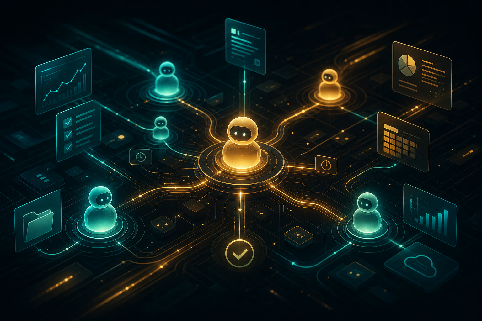 Autonomous AI agents executing enterprise workflows beyond chatbots for business process automation.